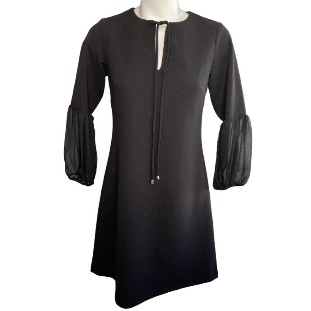 Tommy Hilfiger Petite Shift Dress Women's 4 SMALL Black Self-Tie Split-Neck NWOT